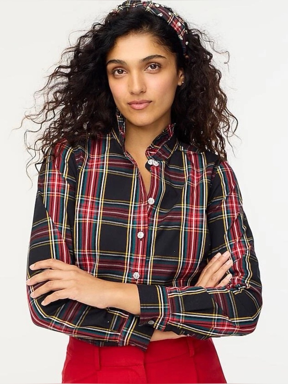 J.Crew Stewart Tartan Plaid Jeweled Ruffled Collar Shirt Size XS